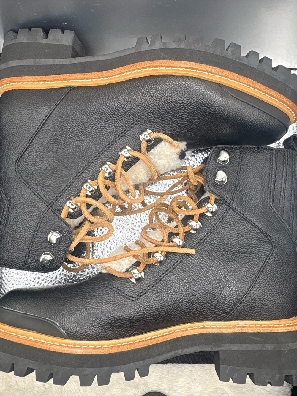 Marc Fisher Black Leather Hiking Boots with Tan Laces